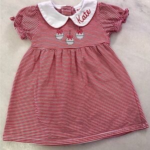 Embroidered, striped, knit holiday dress w/ personalized “Kate” collar monogram